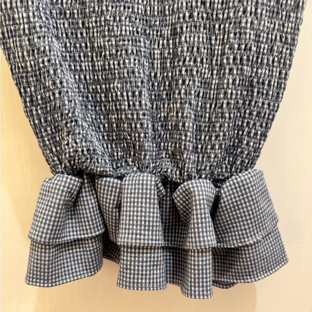 Mable Gingham Smocked Midi Dress Tie Front Maternity Friendly Blue White Size S - Picture 2 of 6